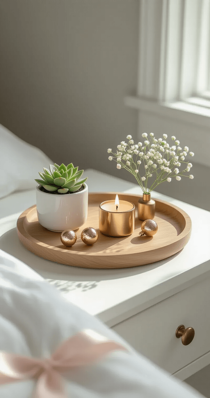 Macro detail shot of a small round wooden tray on a white nightstand, featuring a tiny succulent in a white pot, a battery-operated taper candle in a brass holder, three rose gold ornaments, and delicate baby's breath, accented by a pale pink ribbon, all illuminated by soft morning light.