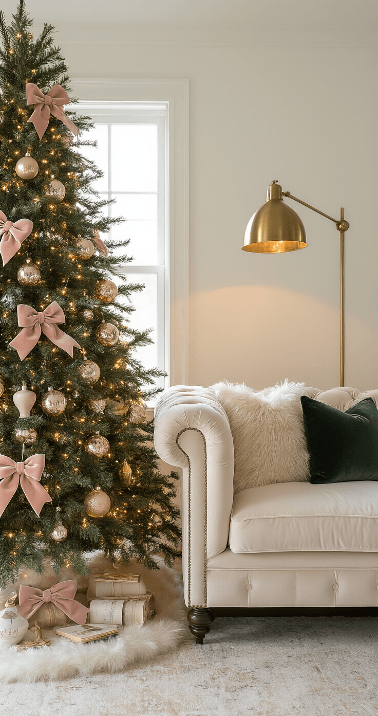 A sophisticated living room bathed in warm golden hour light, showcasing a tall Fraser fir Christmas tree adorned with champagne and rose gold ornaments, whimsical ceramic decorations, and oversized dusty pink bows. The tree stands beside a cream velvet Chesterfield sofa, with a mid-century brass floor lamp illuminating the space. The color palette features rich forest green and creamy accents, creating a cozy luxurious atmosphere.