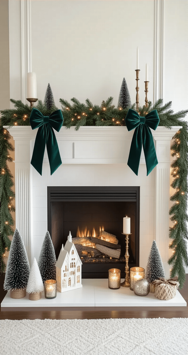 Elegant Christmas fireplace mantel featuring asymmetrical cedar garland with fairy lights and teal velvet bows, grouped bottle brush trees, mercury glass votives, vintage brass candlesticks, a light-up ceramic village house, and burgundy velvet stockings, all in a cozy luxury atmosphere with natural late morning lighting.