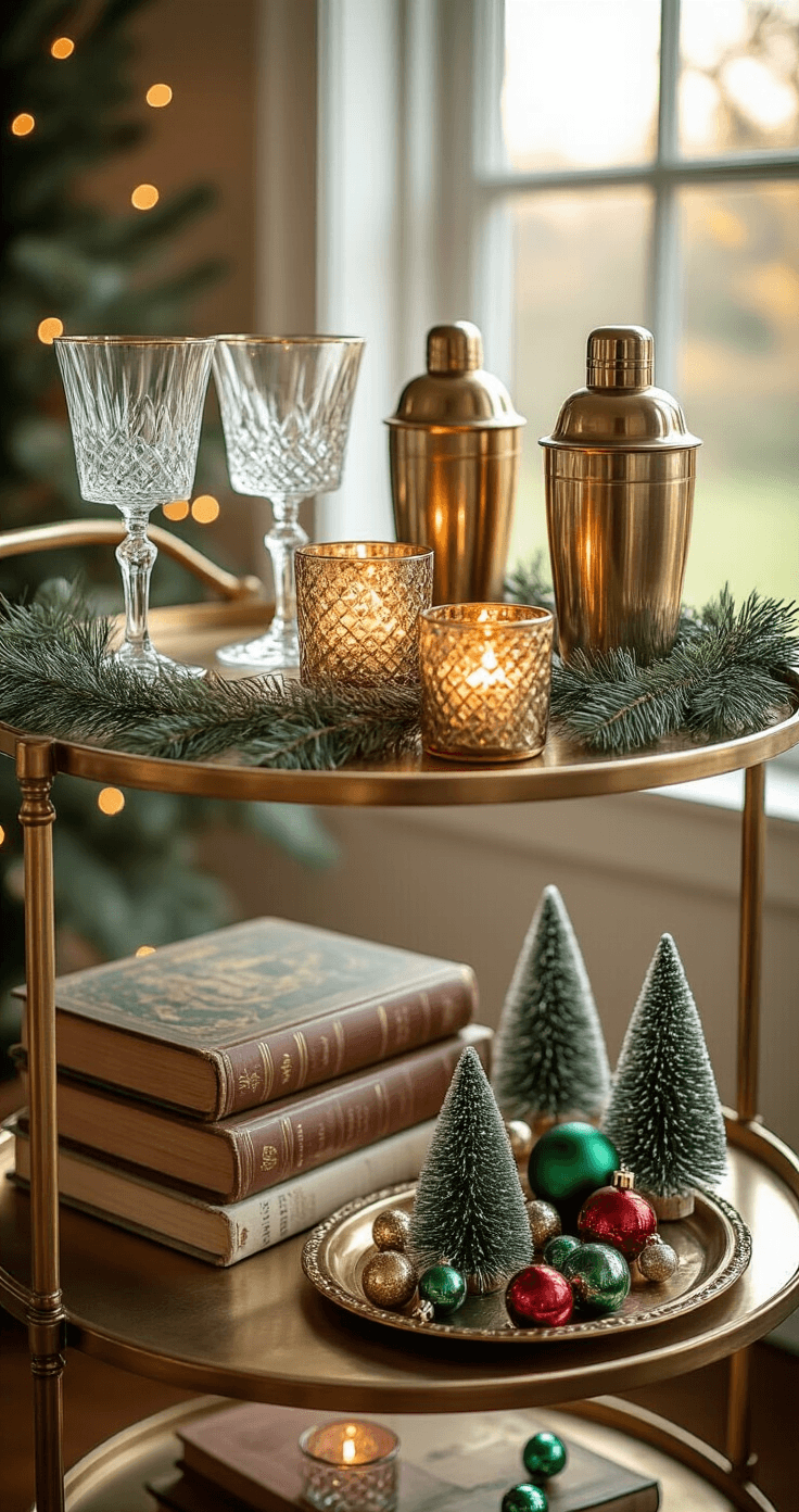 Close-up shot of a holiday-themed brass bar cart, featuring crystal coupe glasses, a vintage cocktail shaker, and a small cedar garland on the top shelf; the bottom shelf displays vintage Christmas books, bottle brush trees in sage green, and jewel-toned glass ornaments, with a whimsical ceramic charcuterie board ornament as a standout piece, all illuminated by warm ambient lighting during golden hour.