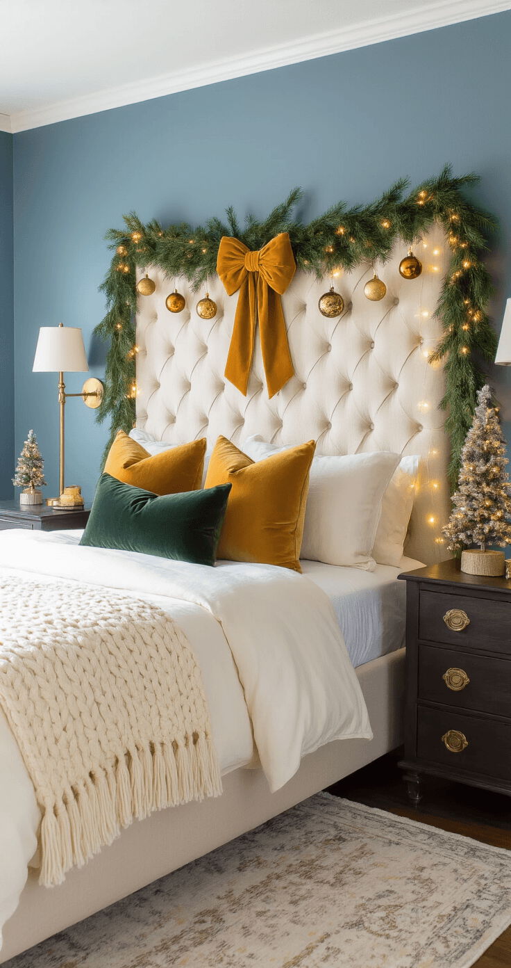 A cozy bedroom during blue hour, featuring a king-size bed with a tufted cream linen headboard adorned with lush cedar garland and warm white fairy lights, an oversized mustard yellow velvet bow, and hanging amber and gold ornaments. The bed has a cream linen duvet, a chunky ivory cable knit throw, and velvet pillows in forest green and mustard. A small pre-lit Christmas tree with mercury glass ornaments sits on a dark wood dresser, flanked by brass table lamps creating an intimate ambiance. The scene captures a romantic winter retreat.