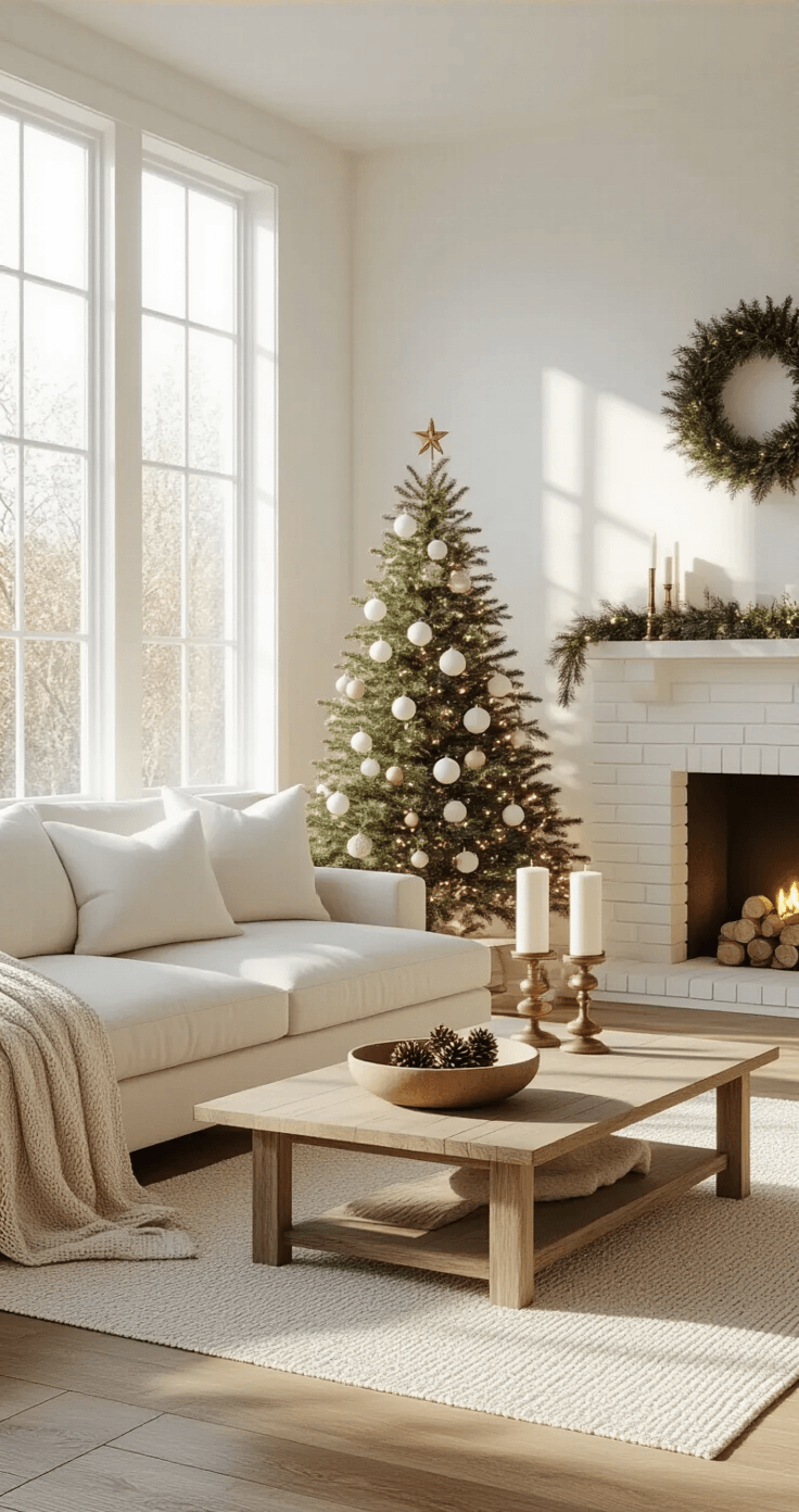 Minimalist Christmas Decor: Why Less Really Is More This Holiday Season A minimalist Christmas living room with hardwood floors and white walls, featuring a 6-foot white artificial tree adorned with thirty matte white ceramic, natural wood, and clear glass ornaments. Golden hour sunlight casts warm shadows as a cream linen sectional sofa with oatmeal chunky knit throw and white cotton pillows complements a rustic wooden coffee table with pinecones. The white brick fireplace mantel displays brass candlesticks and a fresh fir garland, with a glowing Scandinavian paper star in the window, creating a serene ambiance.