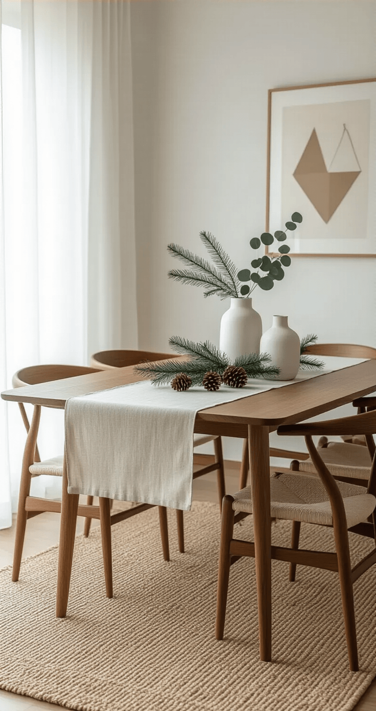 Minimalist Christmas Decor: Why Less Really Is More This Holiday Season A photorealistic dining area featuring a minimalist Christmas tablescape with a warm walnut wood table, oatmeal linen runner, fresh fir branch, scattered pinecones, and ceramic vases of eucalyptus, illuminated by soft afternoon light.