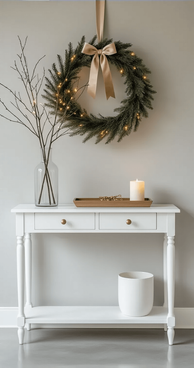 Minimalist Christmas Decor: Why Less Really Is More This Holiday Season A minimalist Christmas entryway featuring a white console table against light gray walls, styled with a tall glass vase holding winter branches illuminated by warm white lights, a small wooden tray with a brass key dish and white pillar candle, and a large minimalist wreath made from a metal hoop with fresh greenery and a champagne velvet ribbon, all illuminated by morning light, showcasing polished concrete floors and an umbrella stand.