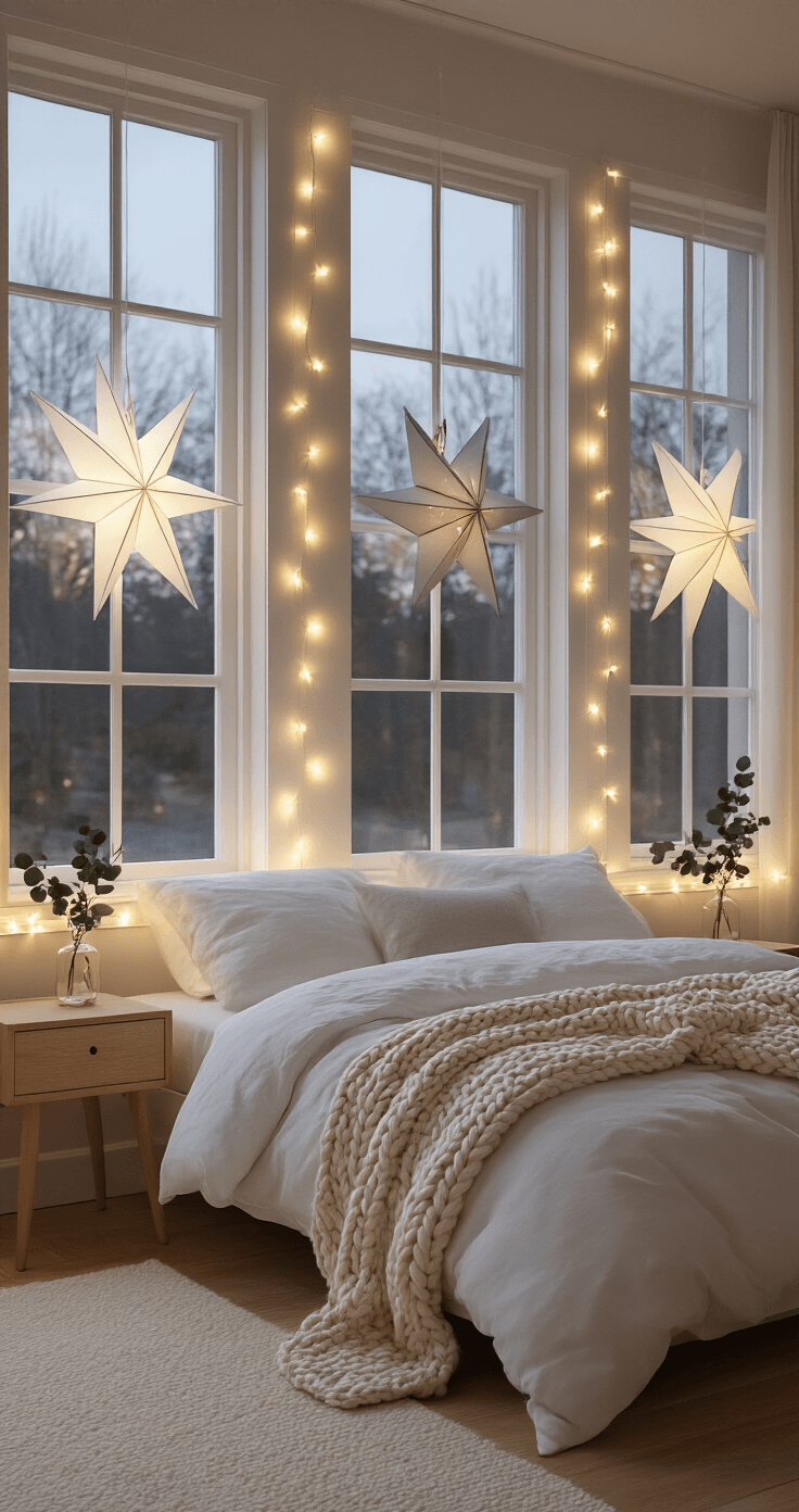 Minimalist Christmas Decor: Why Less Really Is More This Holiday Season A cozy, photorealistic minimalist Christmas bedroom featuring large windows with illuminated Scandinavian paper stars, a king bed dressed in white linen and a cream knit throw, honey oak hardwood floors, and warm string lights, evoking a serene hygge atmosphere at twilight.