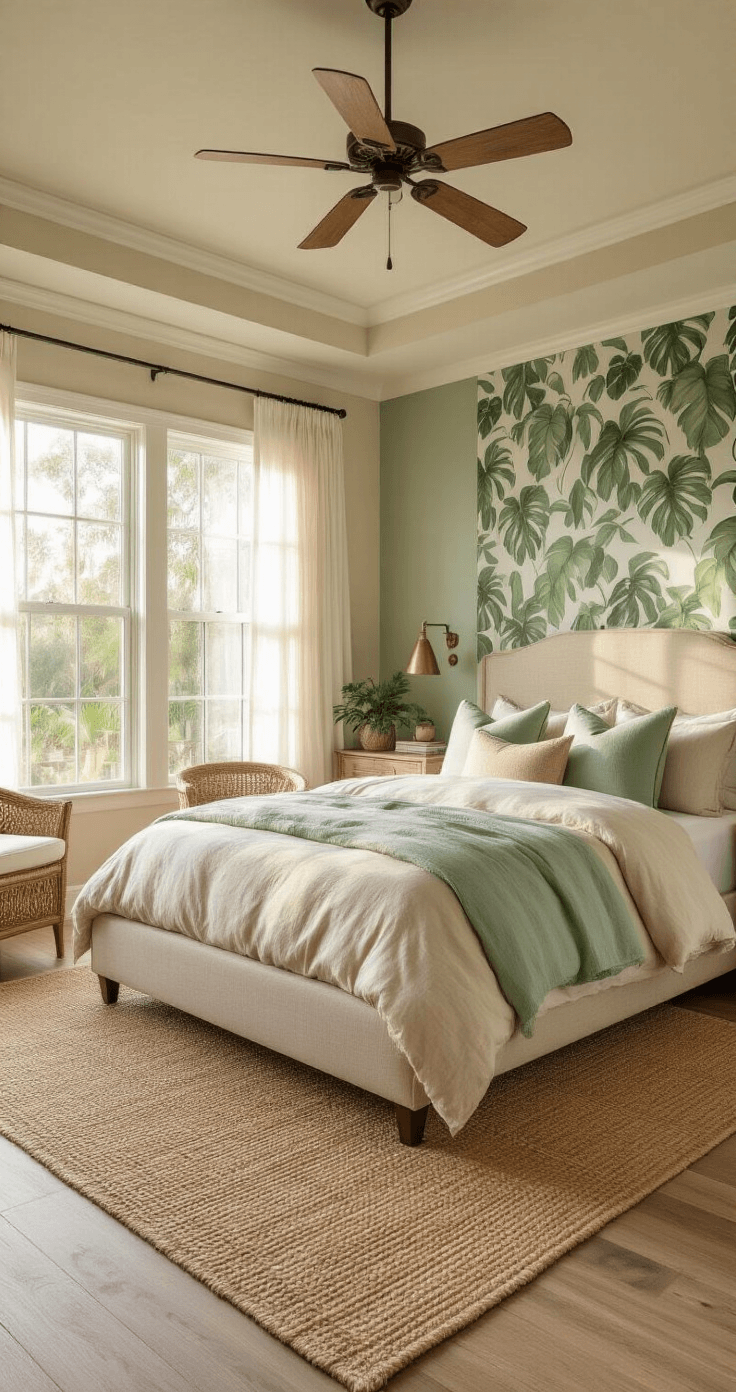 Florida Master Suite Bedroom Ideas That'll Make You Never Want to Leave Photorealistic master bedroom in Florida, featuring vaulted ceilings, warm sunlight through sheer curtains, a king-size platform bed with neutral bedding, driftwood nightstands with brass lamps, and a sage green accent wall with monstera wallpaper, exuding a serene coastal ambiance.