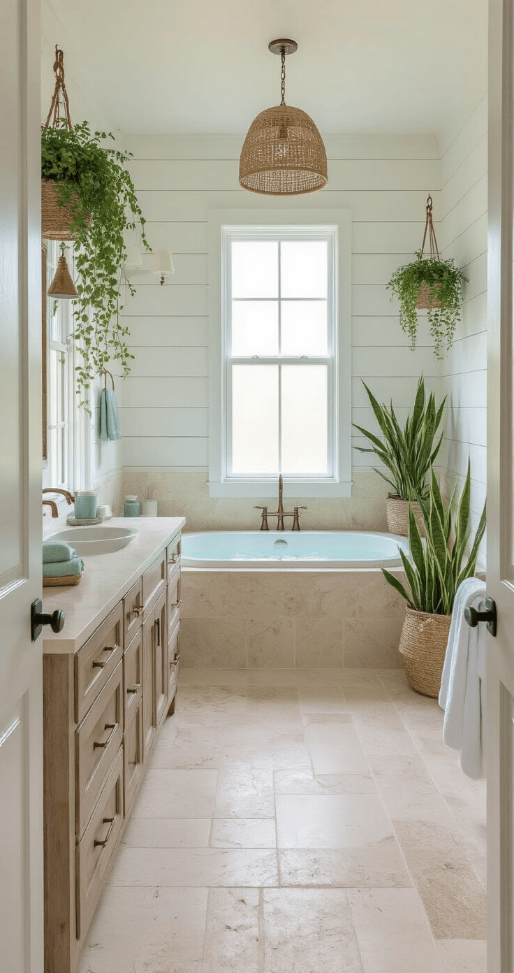Florida Master Suite Bedroom Ideas That'll Make You Never Want to Leave Spacious Florida master bathroom with polished travertine floors, white shiplap walls, and a freestanding soaking tub, featuring a custom double vanity, walk-in shower with rainfall showerhead, and lush plants creating a spa-like atmosphere, seamlessly integrated with the bedroom.