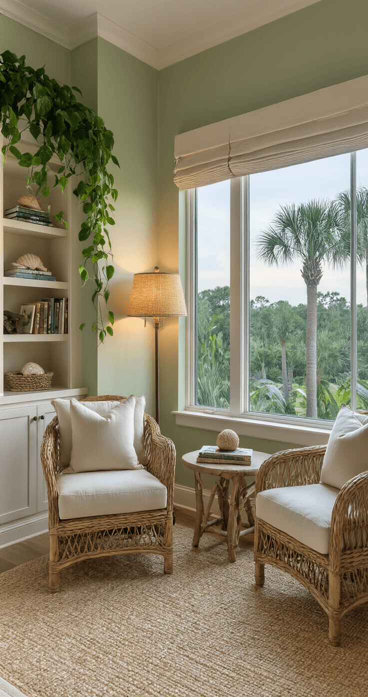 Florida Master Suite Bedroom Ideas That'll Make You Never Want to Leave Cozy master suite sitting area in Florida during blue hour, featuring panoramic windows, rattan armchairs, a driftwood side table, and ambient lighting amidst tropical views.
