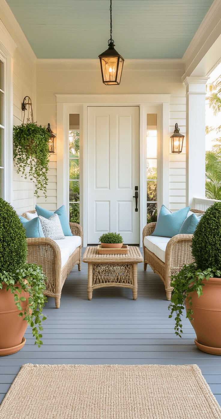 A Florida coastal porch at golden hour featuring honey-toned wicker furniture with ocean blue cushions, lush green boxwood topiaries in terracotta planters, soft string lights, sandy beige outdoor rugs, coral accent pieces, and trailing pothos in hanging ceramic planters, illuminated by warm sunlight filtering through overhead beams.