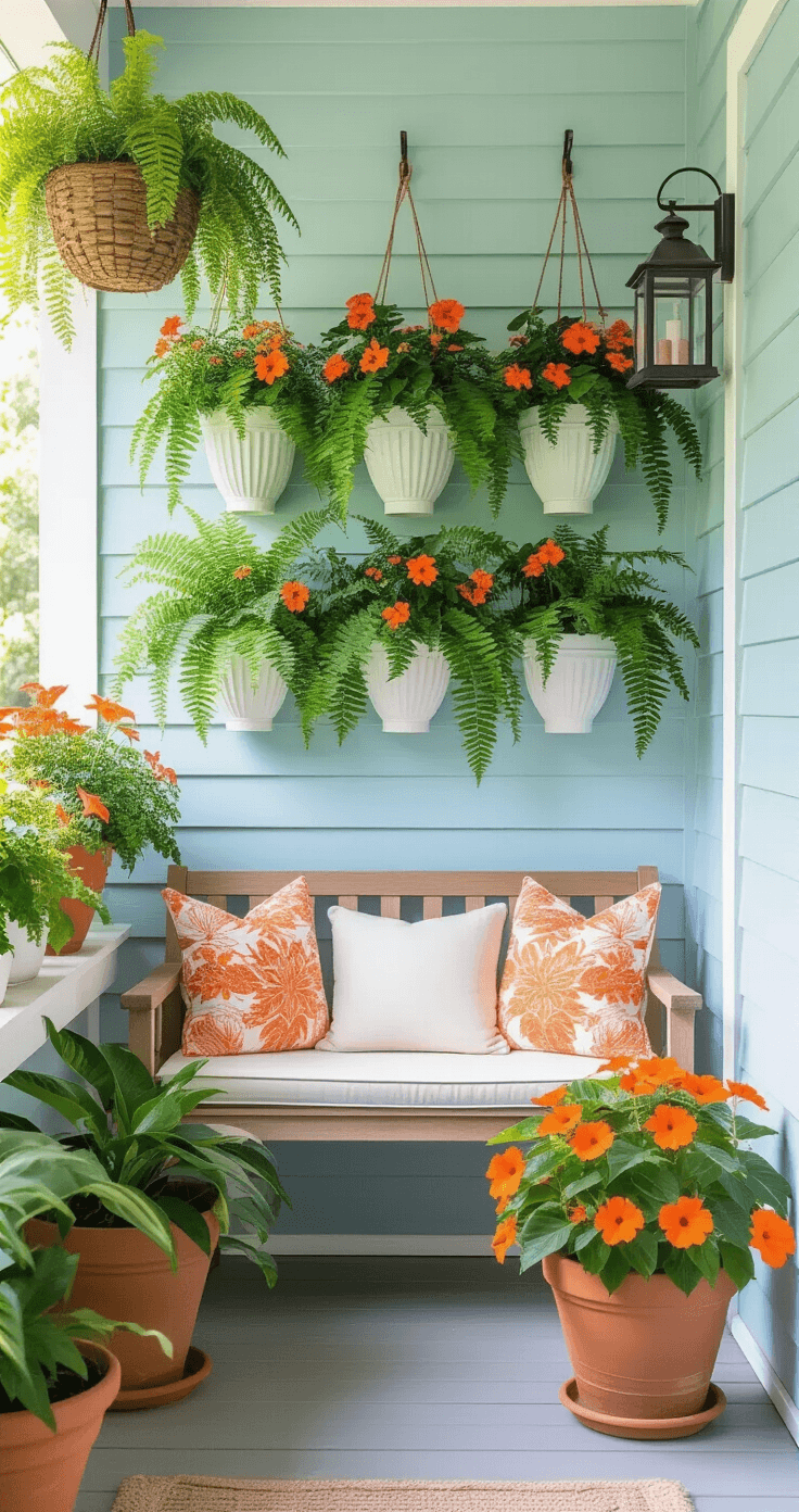 A small Florida porch featuring vertical gardening with white ceramic planters, vibrant ferns, and colorful caladiums, a teak bench with light cushions, hanging baskets of vinca and pentas, terracotta pots of crotons, a fold-down wooden table, and hurricane lanterns, all illuminated by bright morning light.