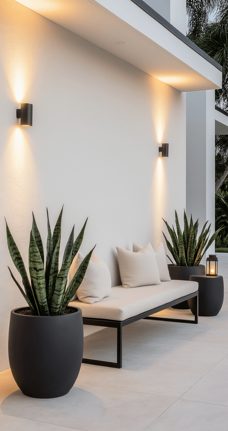 A modern minimalist Florida porch at twilight featuring geometric lines, neutral colors, large charcoal planters with snake plants, a sleek metal bench with cream cushions, matte black side tables, and subtle LED uplighting, all set against white stucco walls and polished concrete flooring.