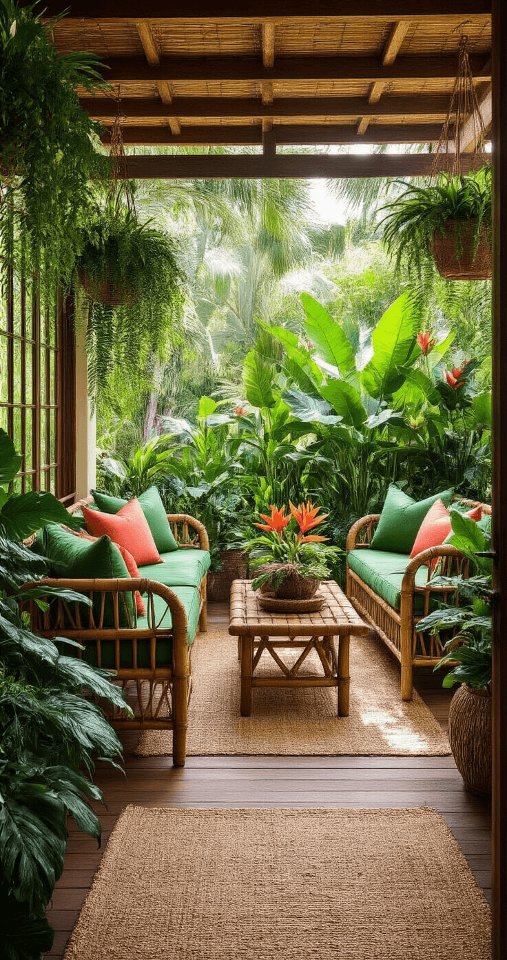 A tropical porch adorned with bamboo furniture and deep green cushions, surrounded by vibrant florals and lush greenery, featuring hanging planters and weathered teak plant stands, all bathed in midday sunlight.