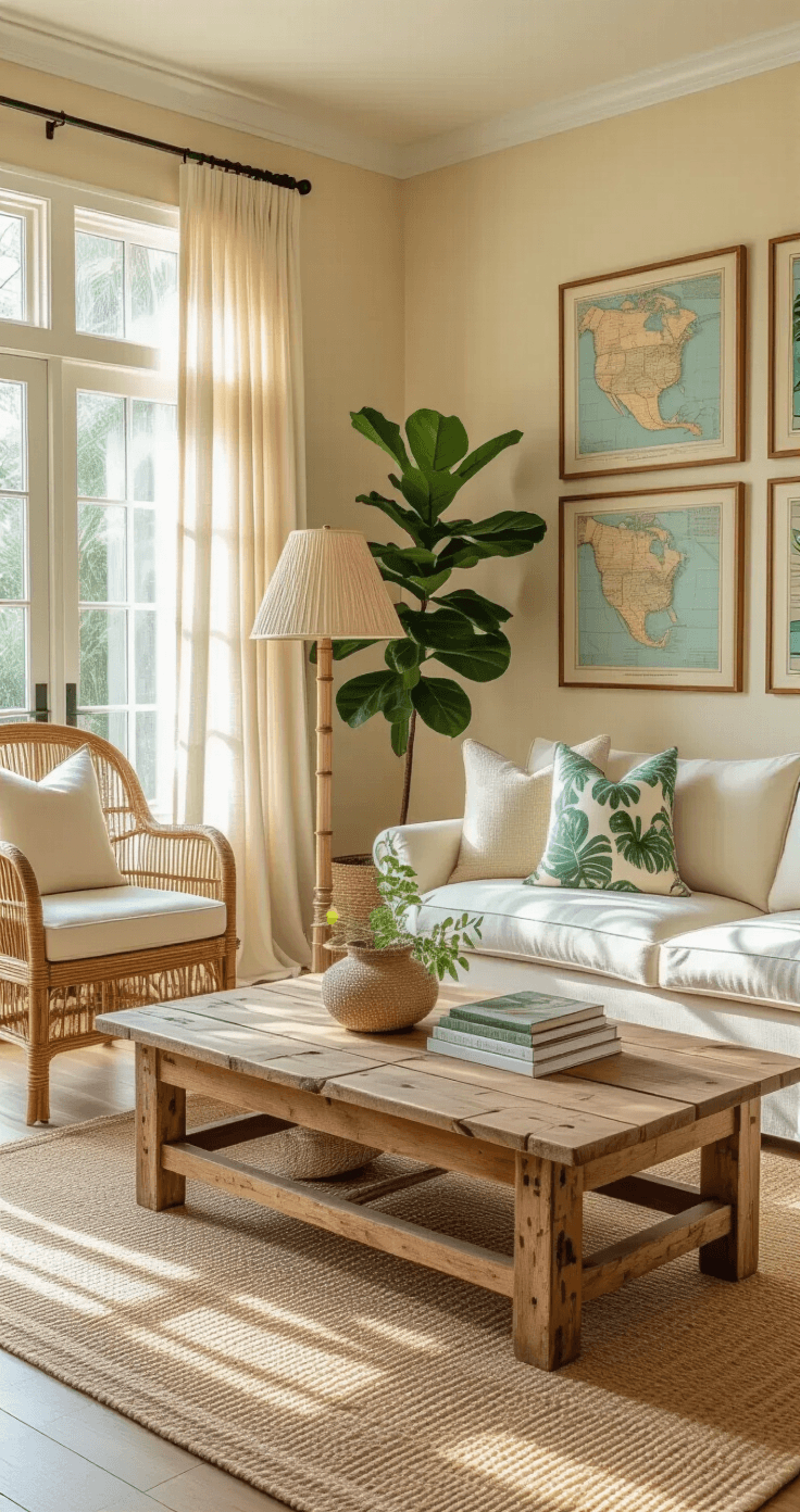 A cozy living room filled with golden hour sunlight, featuring a weathered cypress wood coffee table, vintage rattan armchair, cream linen slipcover sofa with botanical throw pillows, and a gallery wall of vintage Florida maps. A large fiddle leaf fig and bamboo floor lamp add to the inviting atmosphere, with a jute area rug and seagrass baskets enhancing the room's texture.