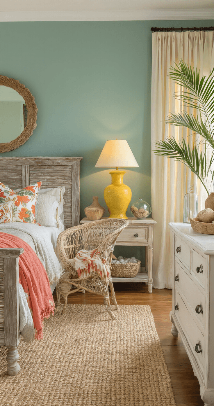 Cozy bedroom featuring seafoam green accent wall, weathered wood headboard, butter yellow bedside lamps, antique wicker chair with coral throw, cream curtains, curated cypress shelving with pottery and pampas grass, sisal rug, Areca palm, distressed white dresser with driftwood mirror, sandy beige linen bedding, and hurricane glass candles, captured in soft overcast light.