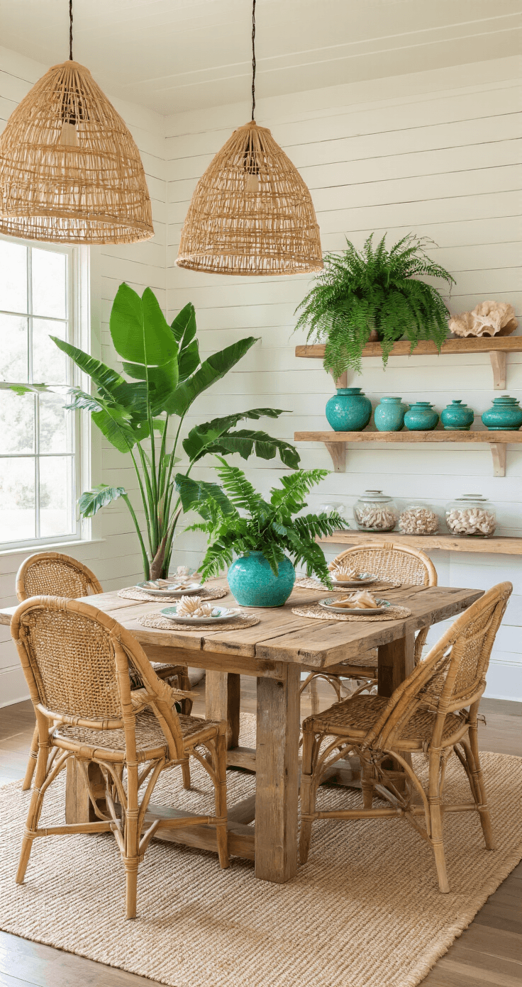 A sunlit dining space featuring a reclaimed barn wood table surrounded by vintage rattan chairs, with bamboo pendant lights casting geometric shadows on cream shiplap walls; a large monstera and cascading ferns adorn the room, while turquoise pottery and scattered shells add coastal charm, all illuminated by bright morning light.