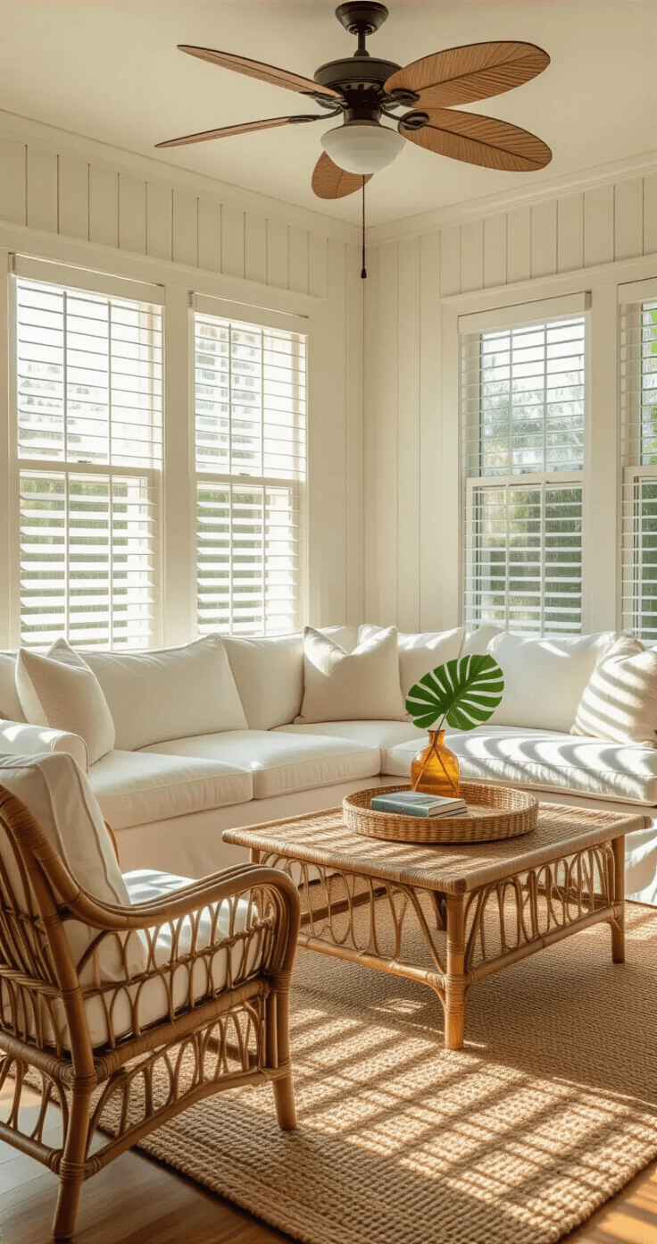 A sunlit 1950s Florida bungalow living room featuring jalousie windows casting striped light on whitewashed beadboard walls, with a white slipcovered sofa, vintage rattan armchair, oversized jute rug, and a coffee table styled with travel books and a monstera stem in an amber vase, all set in a warm cream, seafoam, and coral color palette.