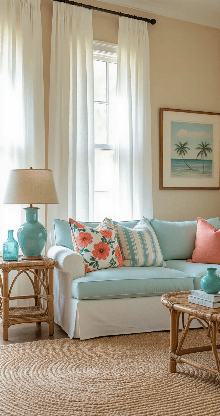 A sunlit study room in Old Florida style featuring sandy beige walls, a pale blue slipcovered sofa with patterned cushions, a natural seagrass rug, and a bamboo side table with an aged brass lamp, accented by aqua glass and seafoam ceramic decor.