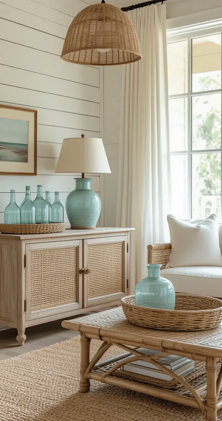 Architectural interior photograph showcasing a vignette of Old Florida materials, featuring a cane-front cabinet against a whitewashed cypress wall. The scene includes translucent aqua glass bottles, a wicker basket, a smooth ceramic lamp on a woven tray, and a linen curtain panel over a driftwood coffee table, all illuminated by warm late afternoon side-lighting and a bamboo pendant light casting an amber glow. The color palette comprises warm whites, tans, seafoam, and amber, creating a nostalgic and luxurious atmosphere.