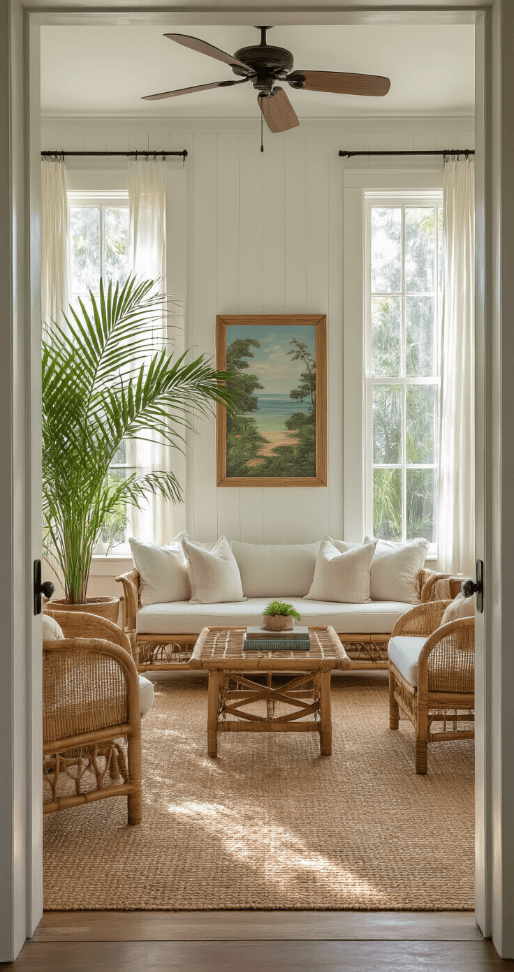 Wide shot of a cozy Old Florida living room featuring beadboard paneling, a coastal landscape painting, abundant morning light, and a comfortable seating arrangement on a seagrass rug, adorned with vintage postcards and botanical prints on the walls.