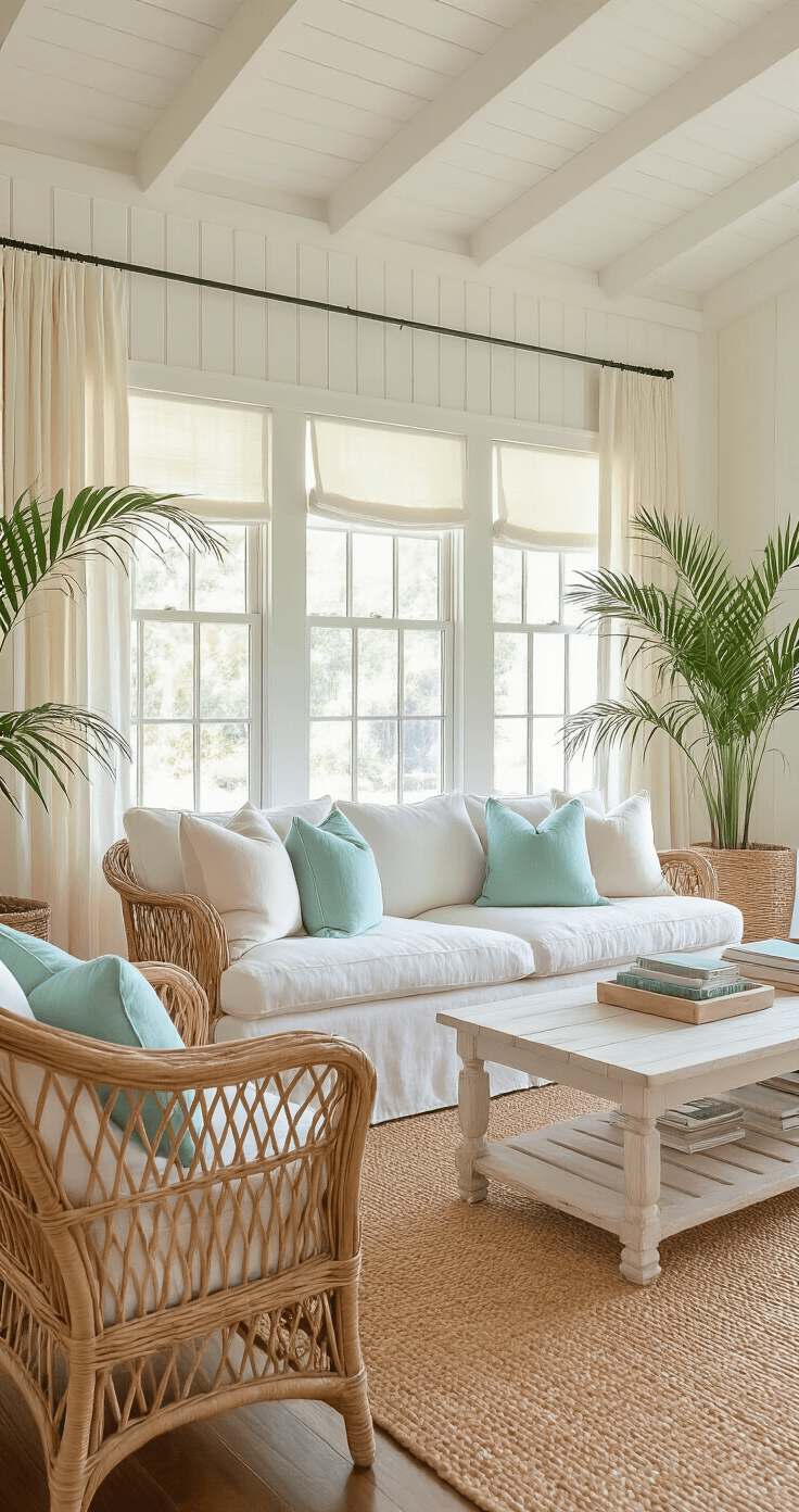 A cozy Old Florida cottage living room with white beadboard wainscoting, a slouchy sand linen sofa, vintage rattan armchairs, and a whitewashed driftwood coffee table, all bathed in warm mid-morning sunlight streaming through sheer linen panels.