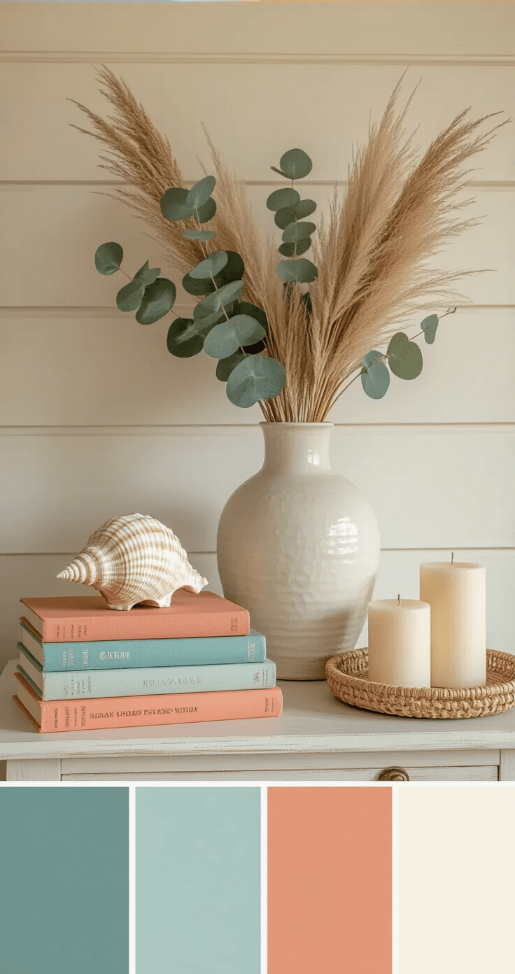 Close-up editorial shot of a styled console table in a Florida cottage, featuring vintage coastal photography books, a ceramic vase with dried pampas grass and eucalyptus, a bleached conch shell, and ivory pillar candles, all bathed in late afternoon golden light with a subtle color palette of cream, soft blue-green, and warm coral.