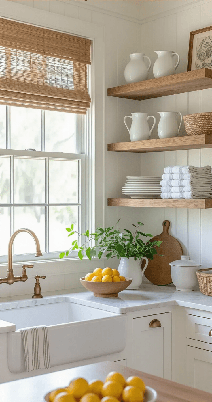 A bright Florida cottage kitchen featuring white shaker cabinets, open timber shelving, and a beadboard wall in Benjamin Moore White Dove, illuminated by morning light through an east-facing window with a half-raised bamboo roman shade. Decor includes white ceramic pitchers, striped linen dish towels, vintage citrus labels in oak frames, and a pothos in a terracotta pot. A farmhouse sink with aged brass fixtures is paired with a marble-effect countertop embellished with fresh lemons, limes, and herbs in a mason jar.