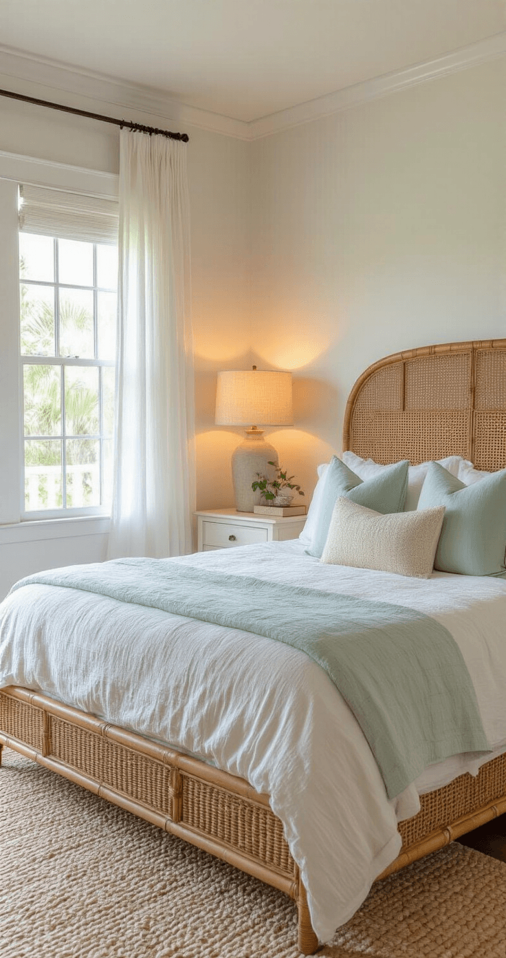 A cozy golden hour bedroom in a Florida cottage, featuring a rattan king bed with layered white bedding, sheer linen window drapes, a glowing ceramic lamp on a whitewashed nightstand, and a vintage driftwood-framed mirror, all bathed in warm, intimate light.