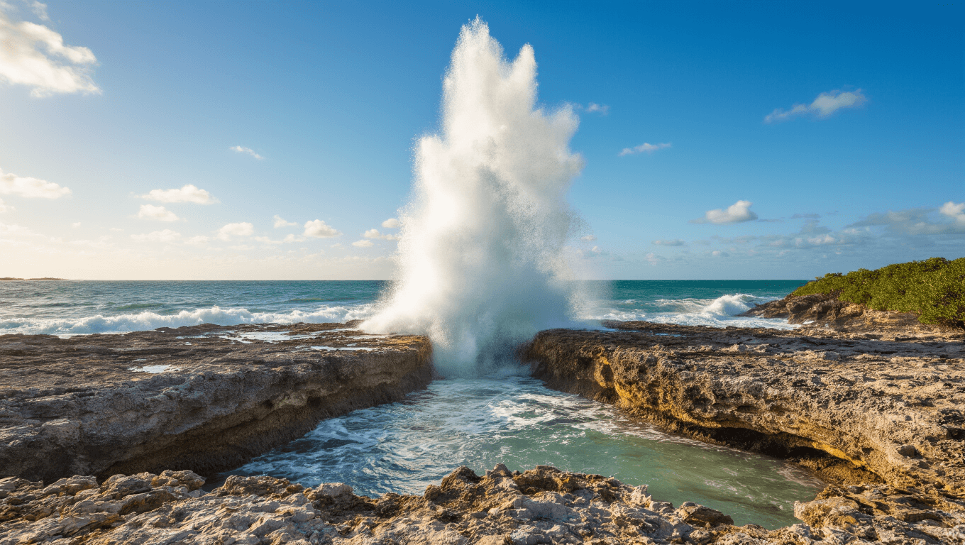 "Water geyser erupting through limestone blowhole at Blowing Rocks Preserve, surrounded by ancient rock formations, sea caves, and mangroves under golden sunlight."