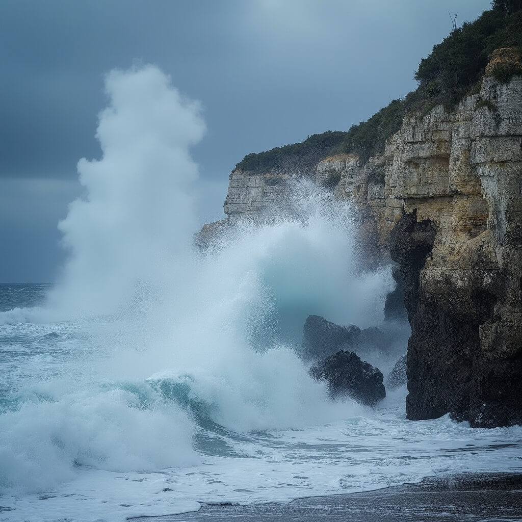 This Hidden Florida Gem Creates 50-Foot Water Geysers (And Most Tourists Never Find It) Dramatic photo of 50-foot water geysers erupting from ancient limestone blowholes at Blowing Rocks Preserve during a winter storm, illustrating the power of the Atlantic Ocean against the Florida coast