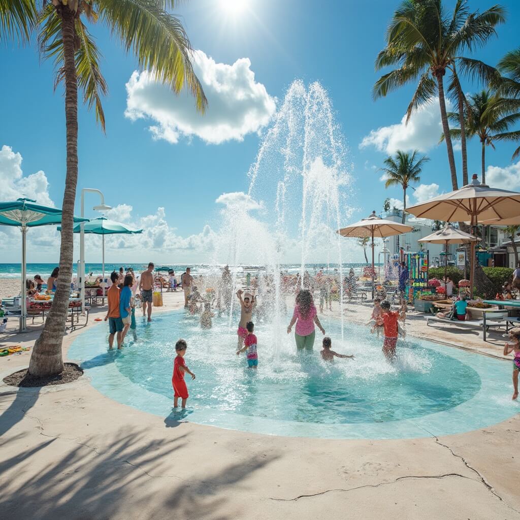 Families enjoying at Charnow Park with children playing in the splash fountain, parents relaxing under pavilions, beach equipment on sandy Hollywood Beach, scenic picnic tables, and the lifeguard station in the background.