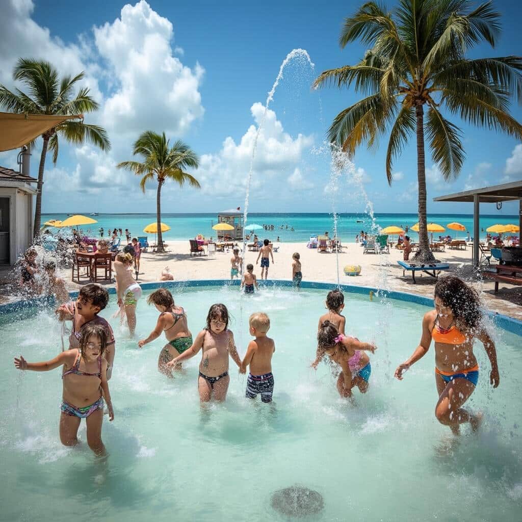 Families enjoying at Charnow Park's beachfront splash fountain with children playing in water, parents relaxing under pavilions, beach equipment and colorful umbrellas scattered on white sand nearby Hollywood Beach, picnic spots overlooking ocean, and lifeguard station in background.
