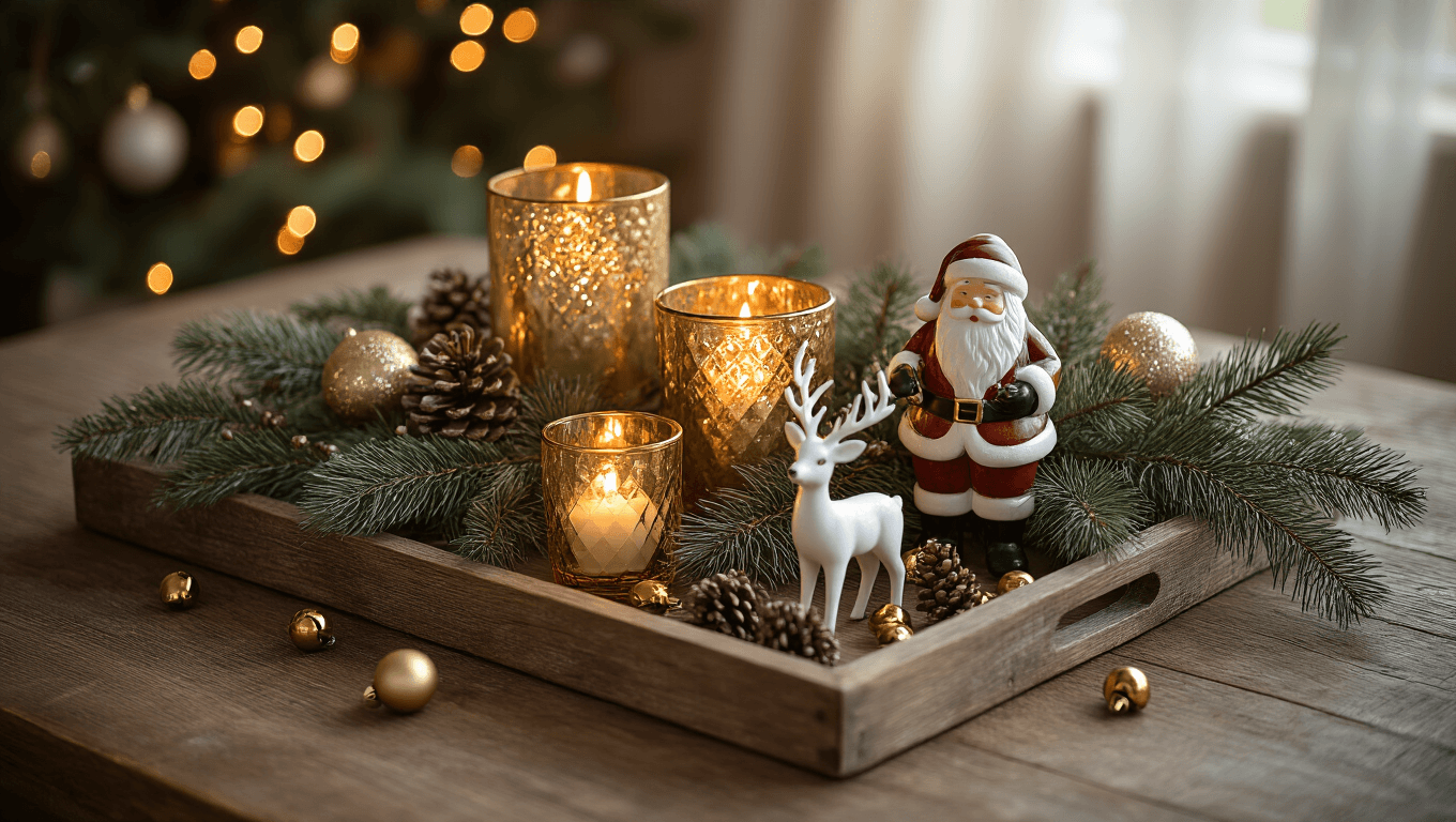 Cinematic overhead view of a rustic wooden tray adorned with pine branches, gold candle holders, mercury glass ornaments, and a vintage Santa figurine, against a weathered oak table, capturing a cozy holiday ambiance with warm lighting and rich textures.