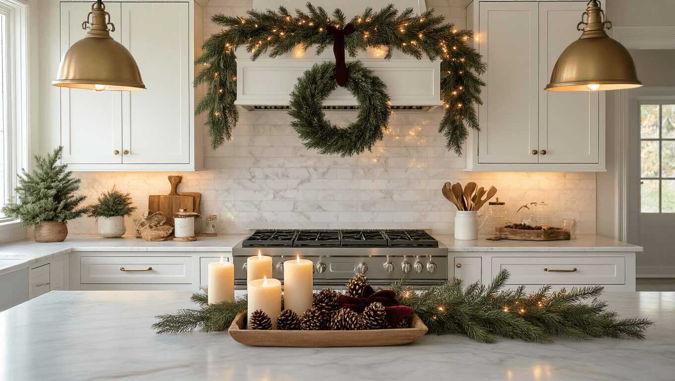 Warm farmhouse kitchen adorned for Christmas, featuring white shaker cabinets, marble countertops, a professional range hood with evergreen garland and twinkling lights, and a centerpiece wreath. Cozy ambiance created by brass pendant lights and soft natural light.