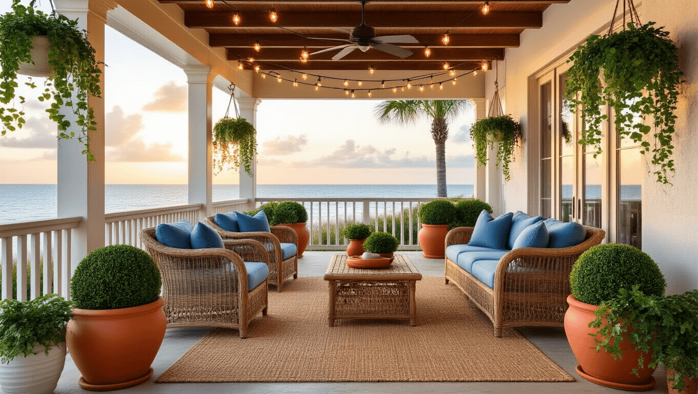 Cinematic wide-angle view of a Florida coastal porch at golden hour, featuring wicker furniture with ocean blue cushions, terracotta planters with boxwood topiaries, warm string lights, sandy outdoor rugs, and dappled sunlight filtering through wooden beams.
