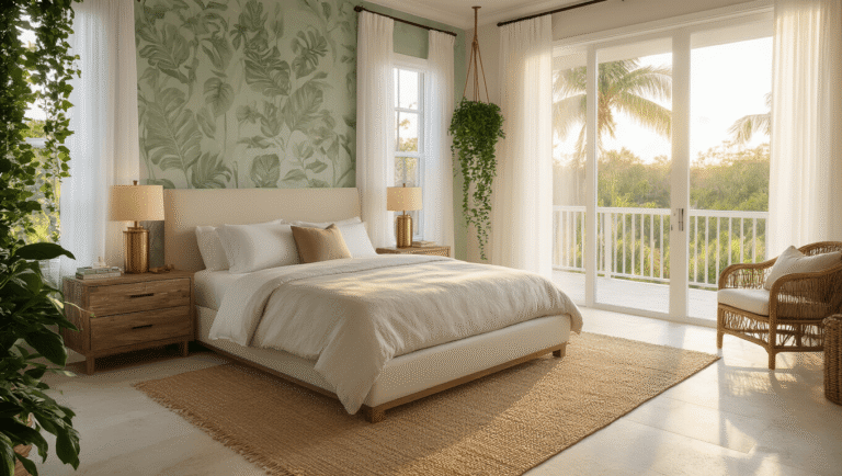 Florida Master Suite Bedroom Ideas That'll Make You Never Want to Leave Cinematic view of a luxurious Florida master suite with golden hour sunlight, featuring a king-size platform bed, driftwood nightstands, sage green accent wall, natural jute rug, and panoramic windows overlooking a tropical landscape.