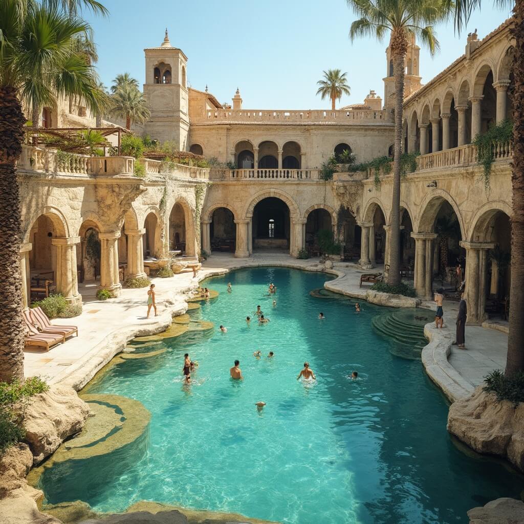 Historic Mediterranean Revival architecture pool with clear spring water, coral grottos, waterfalls, stone bridges, bell towers, and palm trees, featuring families swimming, shadowed porticos, vintage 1920s design, in golden hour lighting.