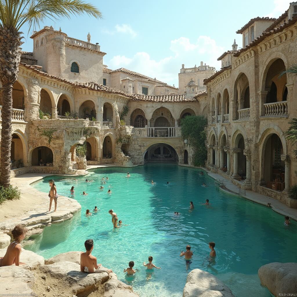 Historic Mediterranean Revival architecture pool with families swimming, featuring clear spring water, sandy beaches, stone bridges, bell towers, and cascading waterfalls during golden hour lighting.
