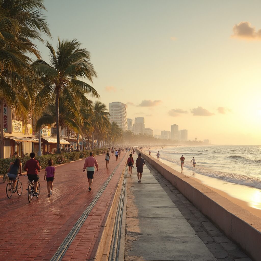 Hollywood Beach Broadwalk at golden hour with palm trees, vintage hotels, families strolling, and joggers against sunset sky