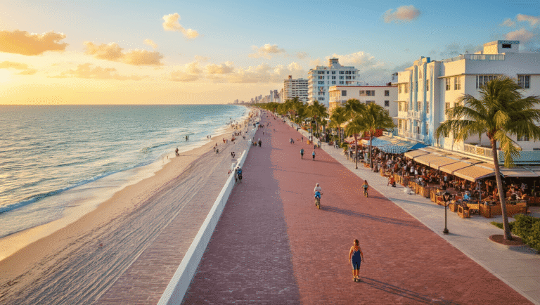 Golden hour at Hollywood Beach Broadwalk in Florida, showing the long promenade lined with palm trees, Art Deco hotels, beachfront cafes and a vibrant beach scene with families, cyclists, and rollerbladers. Charnow Park's splash fountain visible in the middle distance.