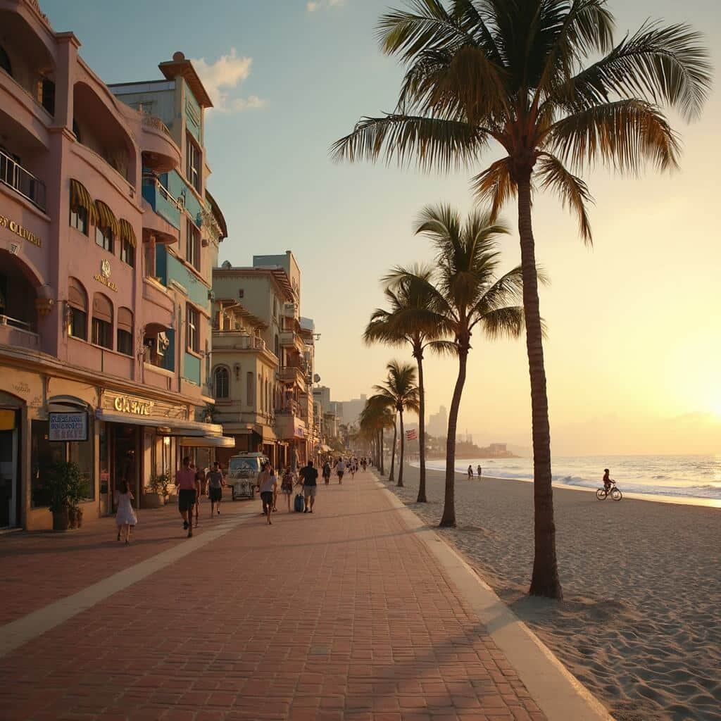 Golden hour at Hollywood Beach Broadwalk with jogging trails, ocean views, families strolling, cyclists, palm trees, Art Deco hotels, and beachfront cafes