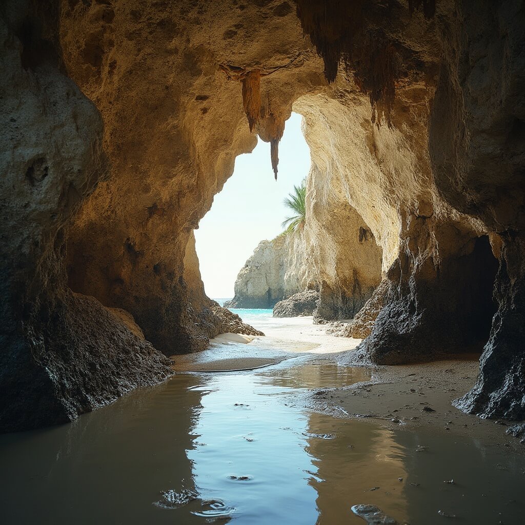This Hidden Florida Gem Creates 50-Foot Water Geysers (And Most Tourists Never Find It) Close-up view of limestone sea caves with natural skylights and fossilized shells at Blowing Rocks Preserve, illuminated by soft natural light filtering through rock chimneys