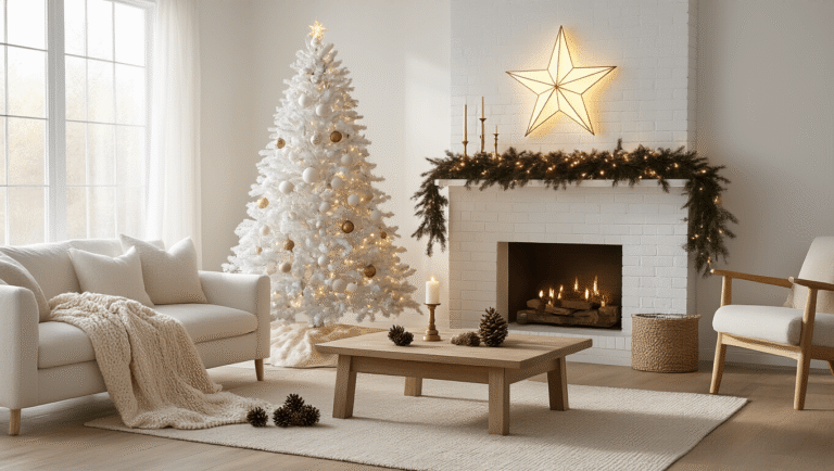 Minimalist Christmas Decor: Why Less Really Is More This Holiday Season A serene minimalist Christmas living room featuring a white artificial tree with matte ornaments, warm fairy lights, a cream linen sectional, rustic coffee table with pinecones, brass candlesticks on the fireplace mantel, and a Scandinavian paper star in the window, all bathed in soft golden hour light.