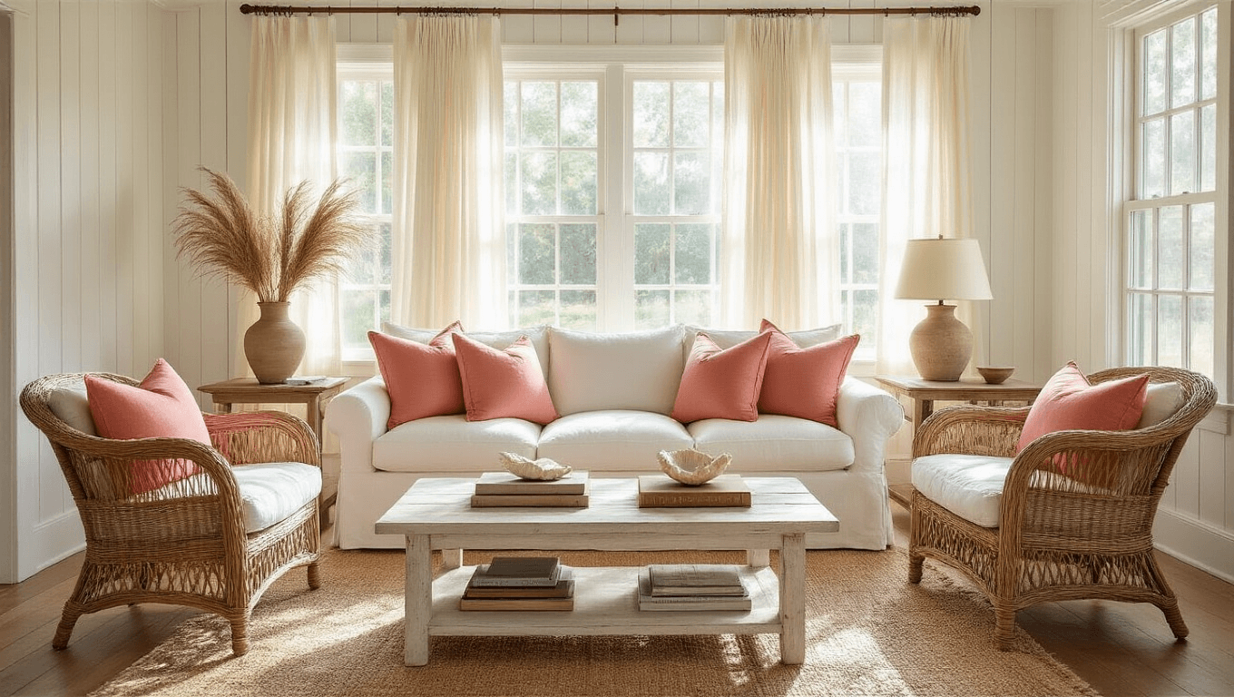 Sunlit living room of an Old Florida cottage with a sand-colored linen sofa, vintage rattan chairs, driftwood coffee table, and coastal decor, featuring soft shadows and a warm, coastal color palette.