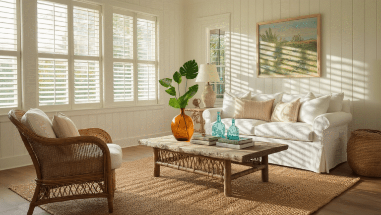 A 1950s-inspired Old Florida living room bathed in golden hour light, featuring a white linen sofa, vintage rattan armchair, jute rug, and driftwood coffee table, accented with botanical decor and warm coral tones.