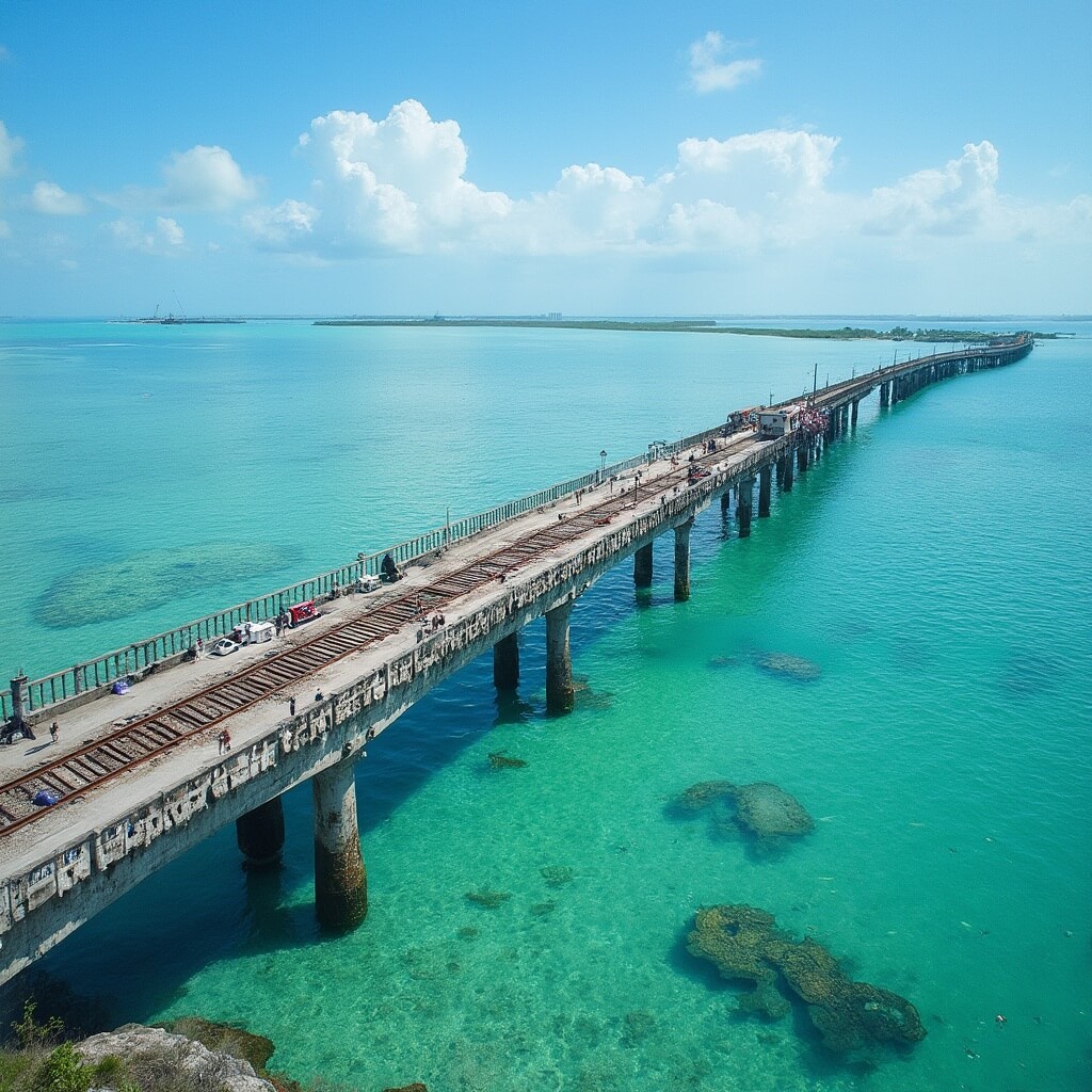 The Seven Mile Bridge Drive That Changed Everything I Thought About Florida Road Trips Pedestrians on historic Seven Mile Bridge walkway with ocean panorama, view towards Pigeon Key Island, aquatic life visible in clear waters, and a glimpse at Marathon side access point.