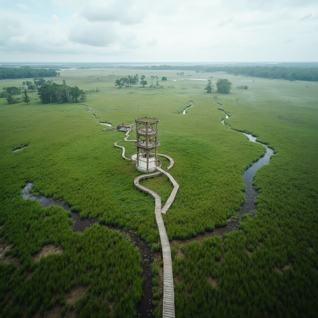 Aerial view of Paynes Prairie's vast grassland ecosystem from a 50-foot observation tower, with a wooden boardwalk trail cutting through wetlands and oak hammocks, morning mist rising from marsh areas, and a distant tree line visible against the expansive green landscape; a National Natural Landmark unchanged since the Spanish exploration era.