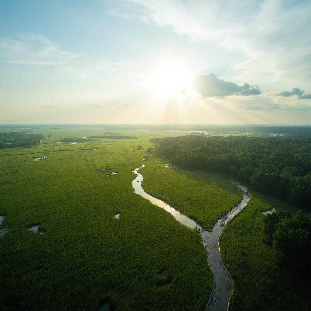 Aerial view of Paynes Prairie's grassland ecosystem from an observation tower, featuring a wooden boardwalk, morning mist, and distant tree line in Florida's National Natural Landmark