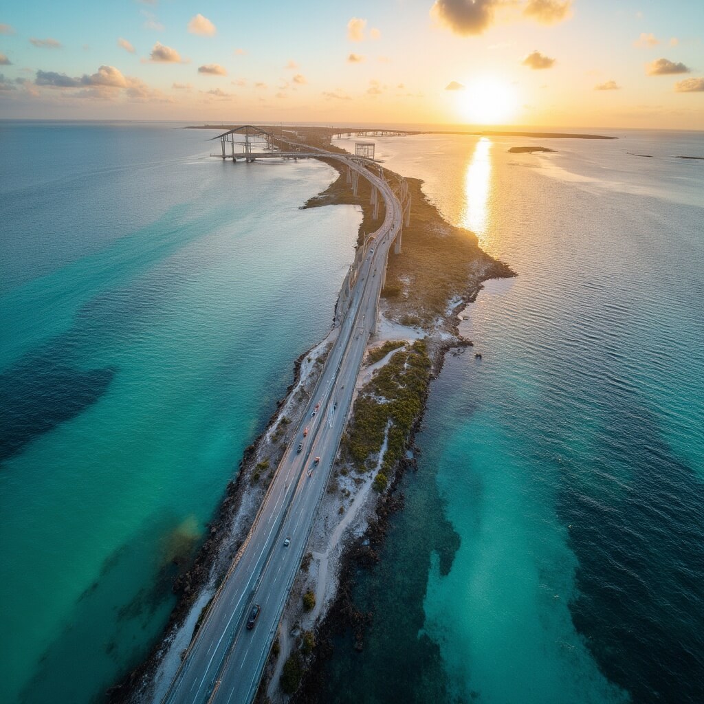 The Seven Mile Bridge Drive That Changed Everything I Thought About Florida Road Trips Aerial view of Seven Mile Bridge during golden hour, showing modern and historic bridges over turquoise waters, with dolphins near mile marker 40 and sea birds overhead in Florida Keys