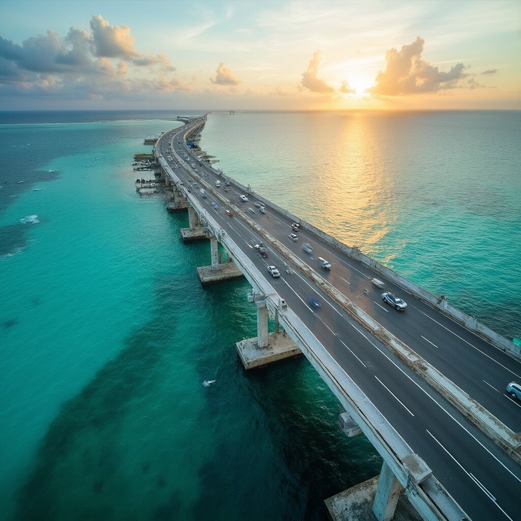 The Seven Mile Bridge Drive That Changed Everything I Thought About Florida Road Trips Aerial view of the modern Seven Mile Bridge next to the historic Old Seven Mile Bridge over crystal-clear turquoise waters during golden hour in Monroe County Florida Keys