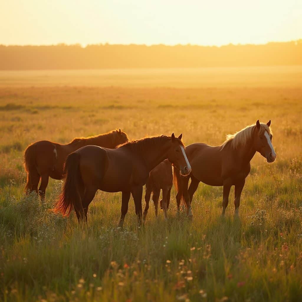Wild Spanish horses including a mare and foal grazing in Florida's Paynes Prairie grassland at golden hour, with amber light illuminating the serene landscape and pale wildflowers.